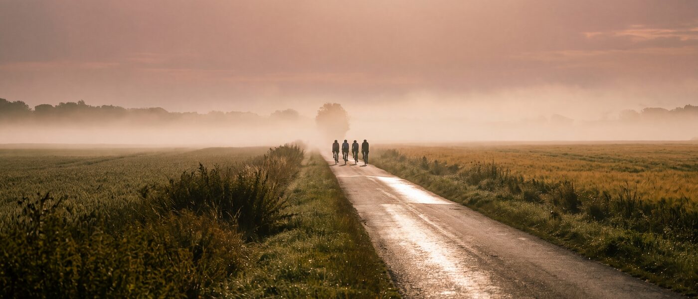 Strada di campagna all'alba con la nebbia bassa e alcuni ciclisti in lontananza, controluce dorato