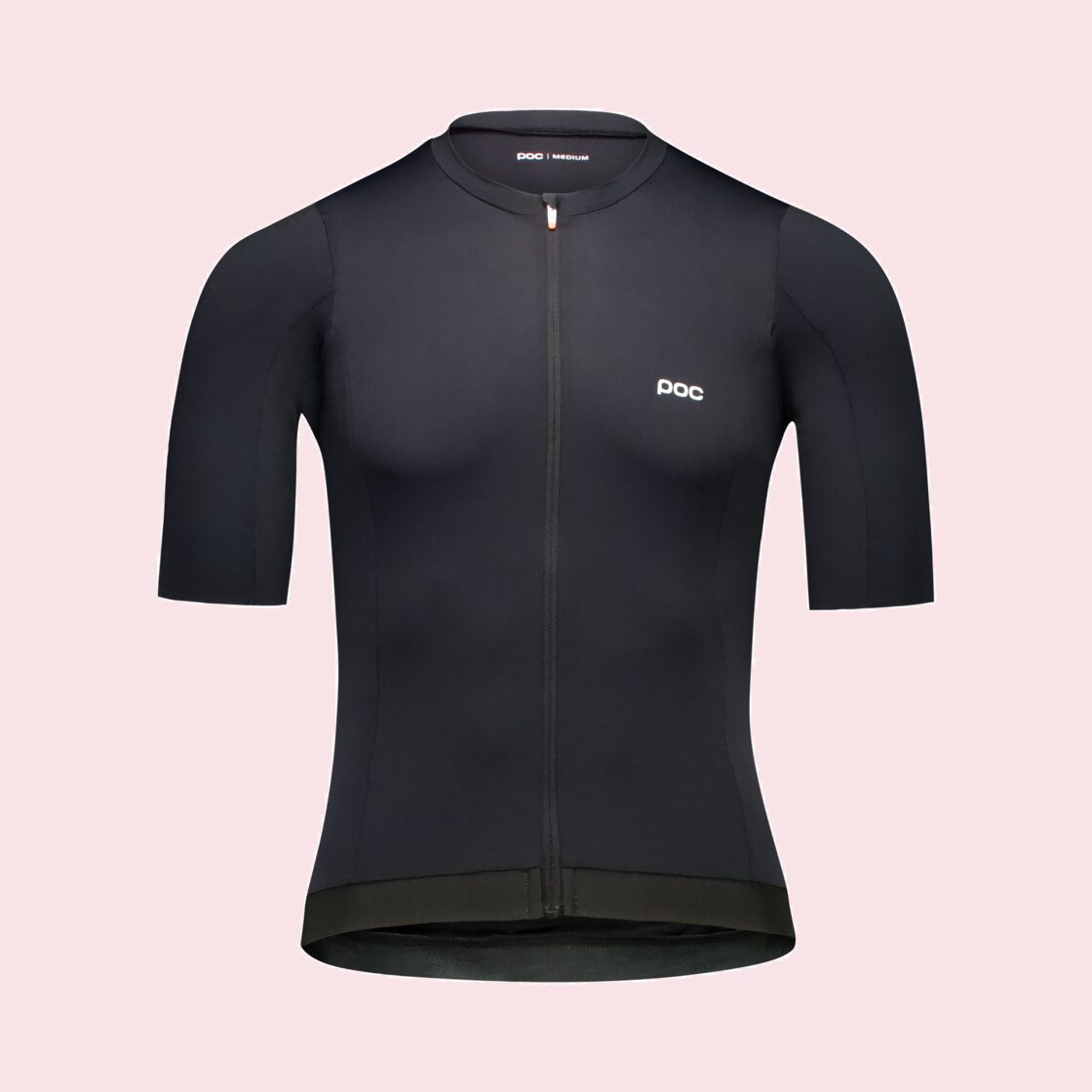 Maglia da ciclismo nera a manica corta vista di fronte, con zip intera e fascia siliconata al fondo